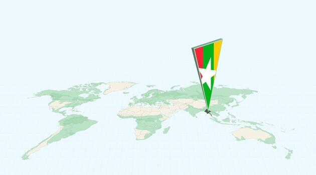 Highlighted Myanmar on Global Map with 3D Flag Location Pin of Myanmar. vector