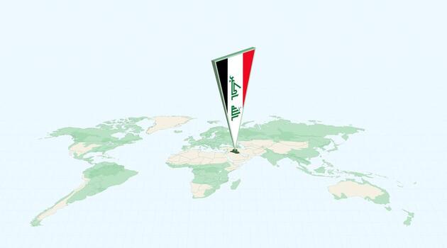 Highlighted Iraq on Global Map with 3D Flag Location Pin of Iraq. vector