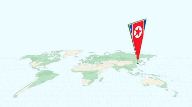 Highlighted North Korea on Global Map with 3D Flag Location Pin of North Korea. vector
