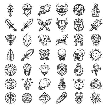 Dark Fantasy Game Assets 40 Stylish Line Art Icons for RPG Design, Creating a Grim and Mysterious Mood. vector