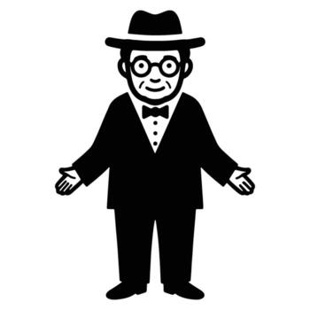 Smiling Elderly Gentleman in Tuxedo and Hat, Welcoming Gesture, Isolated on White Background, Friendly and Approachable Illustration vector