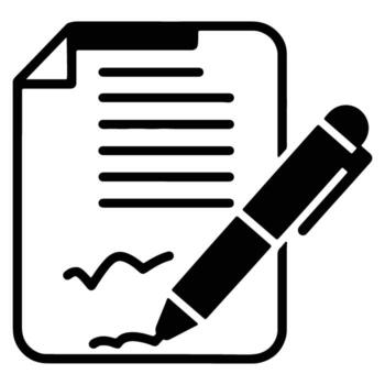 Signing a Document Black and White Illustration of Pen and Paper Showing a Formal Signature, Representing Agreement and Finalization vector