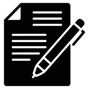 Black and White Icon of Pen on Document, Illustrating Writing, Note-Taking, or Creating Content in a Serious and Professional Mood vector