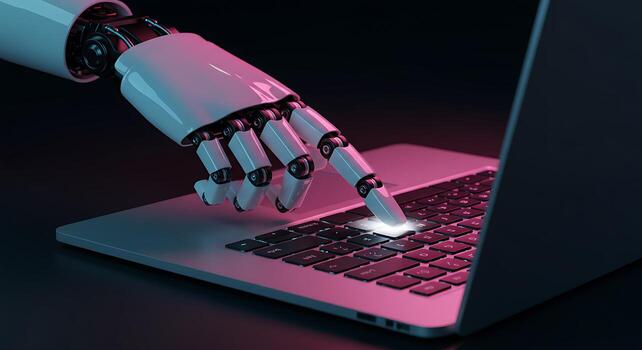 robot mano interactuando con un brillante ordenador portátil teclado en un futurista ajuste foto