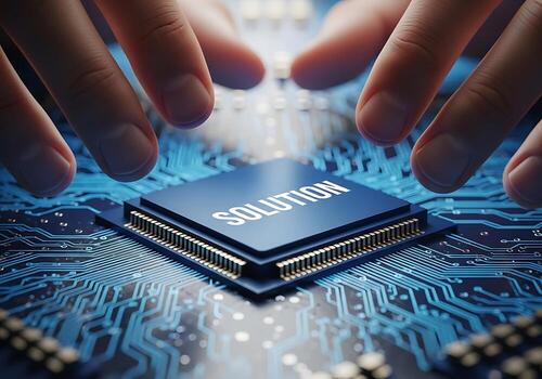 Hands Carefully Placing a Microchip with the Word Solution on a Complex Circuit Board photo
