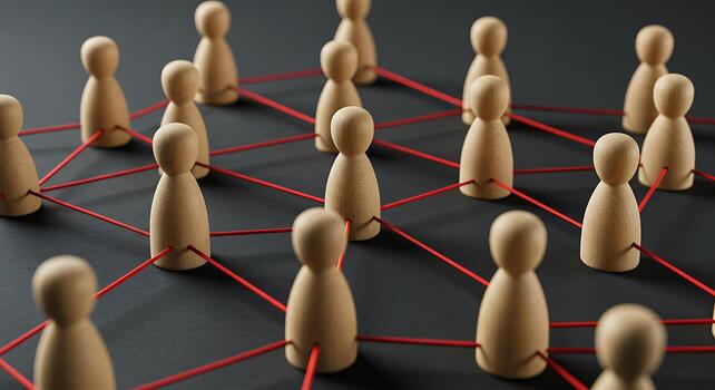 Understanding Digital Connection and Community Building with Wooden Figures Linked by Red Threads photo