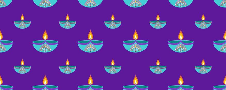 Festive Diwali seamless pattern with diyas in flat style. Deepavali illustration for digital and print use vector