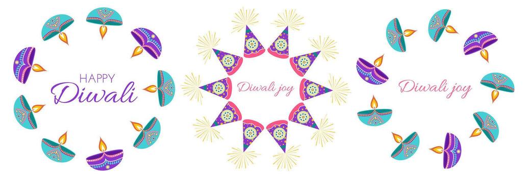 Diwali festival frames set including diyas and fireworks in flat style. Deepavali illustration for digital and print projects vector