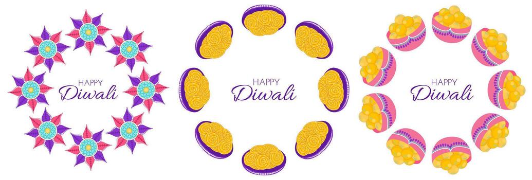 Diwali celebration frames set with rangoli and sweets, jalebi, laddoo, and text in flat style. Deepavali illustration for print and online projects vector