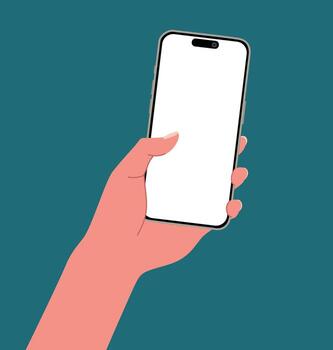 A hand using a smartphone with blank screen isolated on background Flat illustration. People chat, business time, using mobile apps, Contactless pay. Fingers touching vector