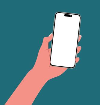 A hand using a smartphone with blank screen isolated on background Flat illustration. People chat, business time, using mobile apps, Contactless pay. Fingers touching, tapping, scrolling. vector