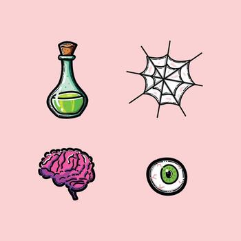 Colorful Cartoon Icons of Brain, Eyeball, Flask, and Spider Web Design Against a Pink Background, Evoking a Playful and Spooky Artistic Theme. vector