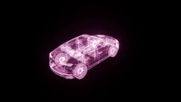 4k animazione di rotante olografico auto wireframe con raggiante neon Linee quello senza intoppi modificare colori, futuristico digitale veicolo modello Perfetto per settore automobilistico, fantascienza, e tecnologia progetti. video