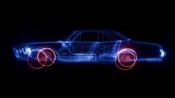 3d animation of rotating holographic car wireframe with glowing neon lines that smoothly change colors, futuristic digital vehicle model perfect for automotive, AI, sci-fi, and technology projects. video