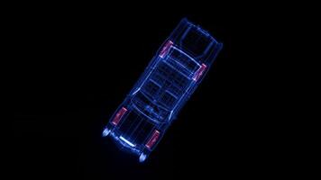 4k animering av roterande holografiska bil trådmodell med lysande neon rader den där mjukt förändra färger, trogen digital fordon modell perfekt för bil, ai, sci-fi, och teknologi projekt. video