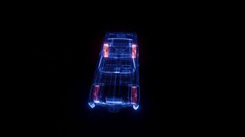 Animation von rotierend holographisch Auto Drahtmodell mit glühend Neon- Linien Das glatt Veränderung Farben, futuristisch Digital Fahrzeug Modell- perfekt zum Automobil, ai, Science-Fiction, und Technologie Projekte. video