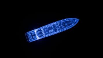 animazione di rotante olografico yacht wireframe raggiante nel neon blu luce, futuristico 3d digitale nave modello Perfetto per marino ingegneria, tecnologia, fantascienza, e innovazione progetti. video