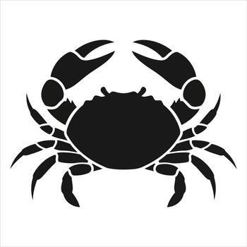 A black silhouette of a crab, a marine crustacean with large claws and multiple legs, isolated on a white background vector