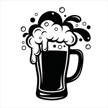 un negro y blanco ilustración de un espumoso cerveza jarra desbordante con espuma y burbujas, aislado en blanco antecedentes vector