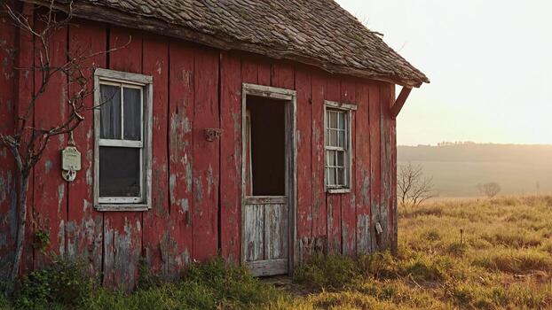Dilapidated Red Building in Field with Windows and Open Door photo