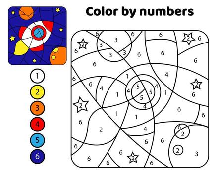 Rocket in space. Color by numbers. Black and white illustration for coloring book with color example vector