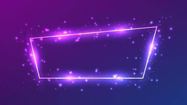 Neon trapezoid frame with shining effects and sparkles on dark purple background. Empty glowing techno backdrop. illustration vector