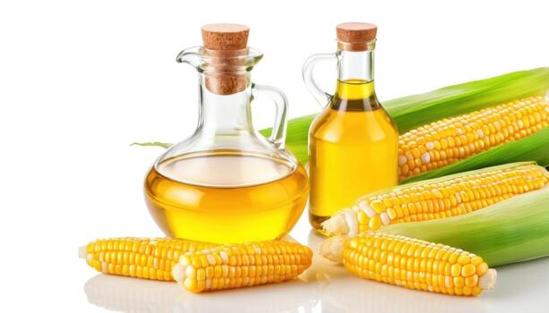 On a white background there are two glass bottles with golden oil and several ears of corn in green husks. photo