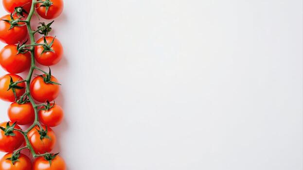 Bright red cherry tomatoes with green stems are placed on the left on a pure white background, emphasizing their freshness and appetizing appearance.place for the text photo