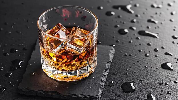 A glass with whiskey and ice cubes stands on a square stand made of dark stone, surrounded by drops of water, creating an atmosphere of comfort and elegance for evening relaxation. photo