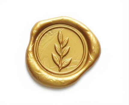 A golden wax seal with a leaf on a white background, a symbol of status, luxury, elegance, tradition and exclusivity for letters and gifts. photo