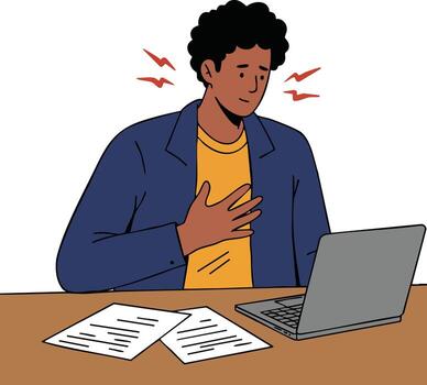 Man experiencing chest pain while working on laptop with documents on table illustration vector