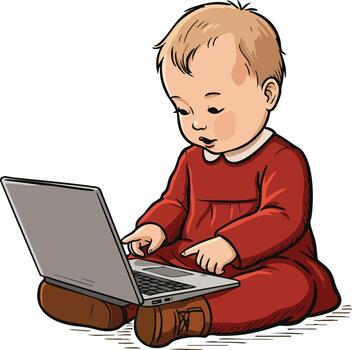 bebé sentado con ordenador portátil en rojo pijama utilizando computadora tecnología para aprendizaje y jugar ocupaciones adentro vector