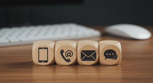 Wooden Blocks with Communication Icons in Front of Computer Keyboard and Mouse photo