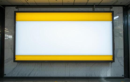 retroiluminado rectangular firmar con amarillo fronteras y un brillante blanco centro, vacío monitor marco. foto