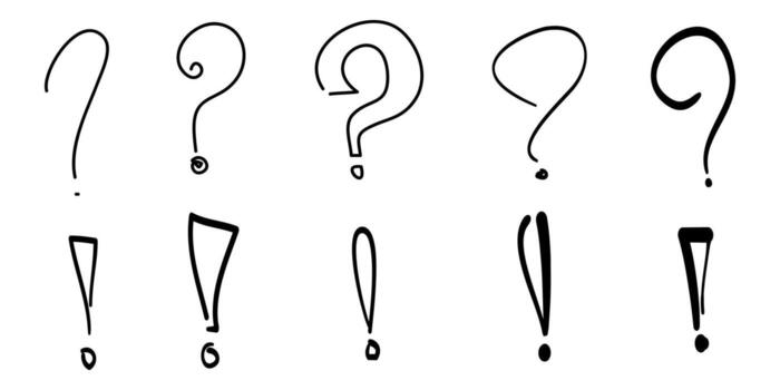 Set of hand drawn question marks and exclamation point. doodle questions marks. isolated on black and white vector