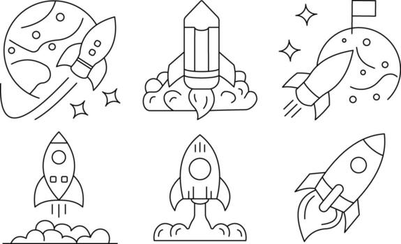 Rocket Line Editable Icons featuring planet flyby, launch, moon flag, takeoff, liftoff, and flight vector