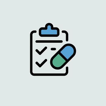 Minimalist Icon Design Featuring a Clipboard with Checkmarks and a Teal and Blue Capsule Pill on a Light Gray Background vector