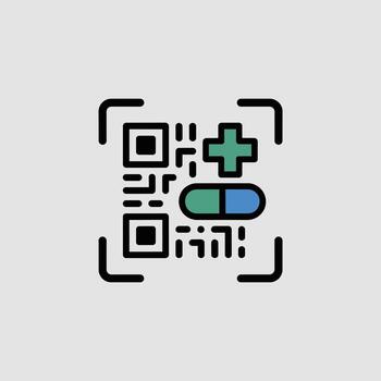 minimalista icono diseño presentando un q r código integrado con un médico cruzar y un verde azulado y azul cápsula vector