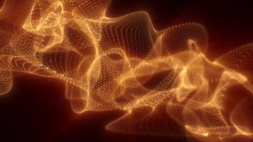 Golden abstract wave structure made of light particles floating over a deep red background, symbolizing digital energy and motion video