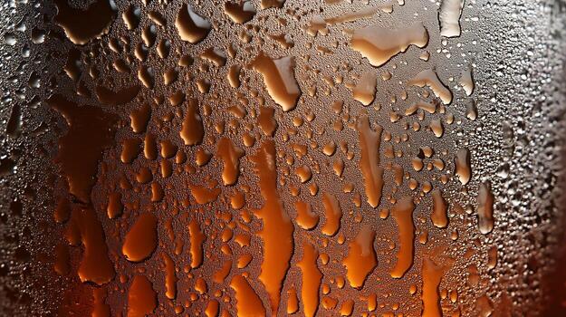 Close-up view of water droplets on a cool brown glass surface, creating a textured and fascinating pattern. photo