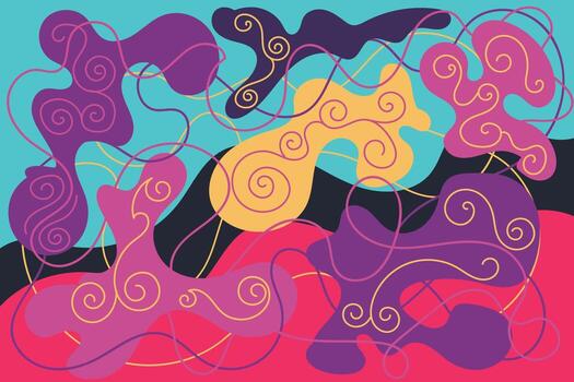 Abstract composition with purple, pink, yellow, and turquoise organic shapes, swirls, and bold lines, great for modern art prints, textile patterns, and digital backgrounds vector
