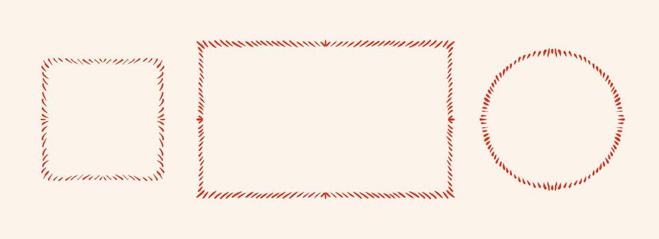 Hand drawn striped frame set. Red dashed edge border collection. Circle, rectangle and square doodled scalloped box bundle for invitation template, poster, banner. Sketched cadre pack. vector