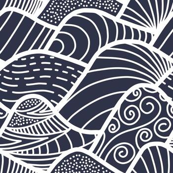 Hand drawn mountain seamless pattern. Japanese background with line wave pattern. Landscape seamless pattern. vector