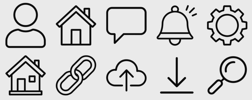Minimalist line art icons for modern web and app interfaces, featuring common digital symbols. vector