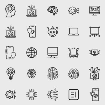 moderno negro línea Arte íconos para artificial inteligencia, máquina aprendiendo, datos, y la seguridad cibernética tecnología vector