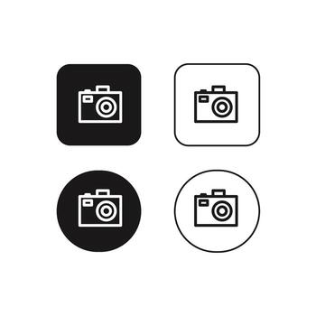 Camera icon set, black and white, flat design, square button, illustration vector