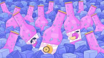 freddo bevande sommerso nel ghiaccio cubi lofi animazione cartone animato sfondo. frizzante bibita bottiglie nel Limone, ciliegia, Mela sapori. freddo bevande. lo fi 2d animato sfondo 4k . concetto freddo estetico video