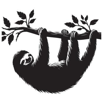 Lazy and Content Sloth Hanging Upside Down on Tree Branch Silhouette Art vector
