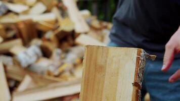 The man carefully aims the axe at the log and then strikes it, trying to split the wood in half. However, the axe becomes stuck in the log. Slow motion. video