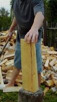 Sharp axe blade hits center of rough log, splitting it evenly. Scene captures manual labor in rustic outdoor setting. Vertical. video